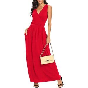 Women Red Deep V Neck Sleeveless Loose Plain Long Maxi Stretchy Dress